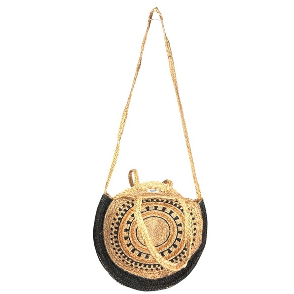 The Shanty Moroccan Round Crossbody Woven Jute Straw Beach Bag in Natural - Picture 3 of 11